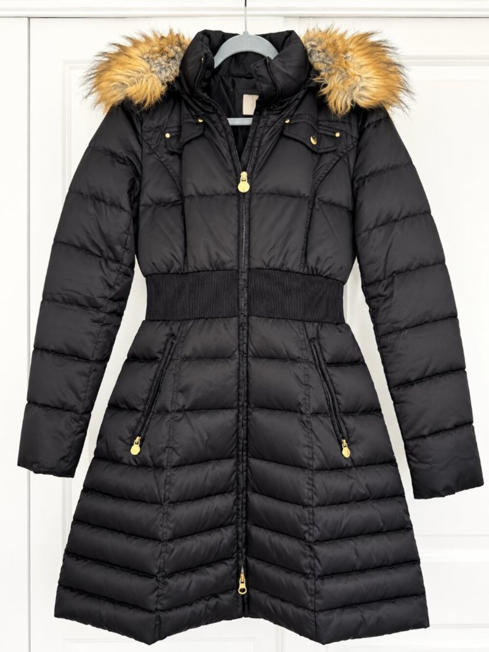 Laundry by Shelli Segal Black Cinch Waist Long Puffer Coat Faux Fur Hood